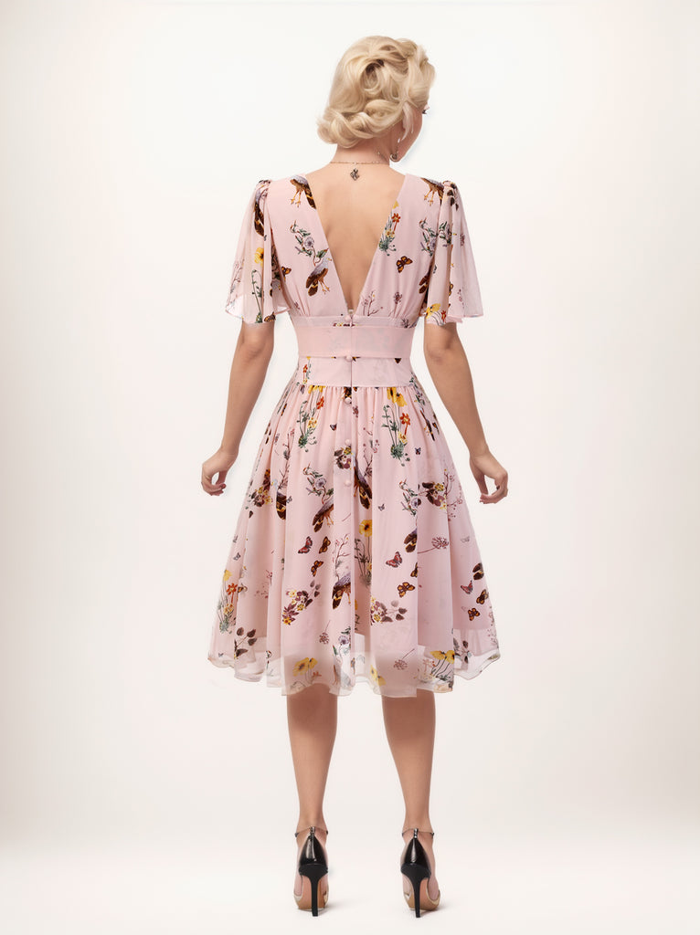Pink Flowers And Birds Bowknot V-Neck Dress