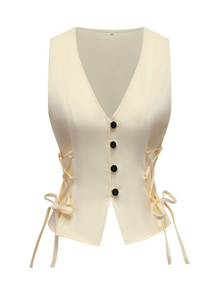 1970s Solid Waist-Tie V-Neck Vest