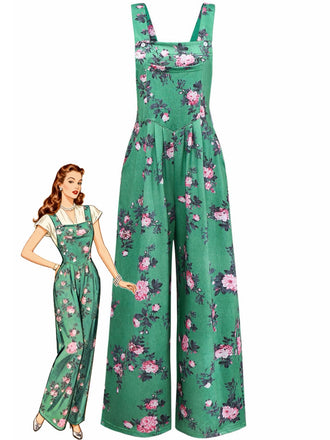 Green 1940s Floral Print Wide-Legged Jumpsuit