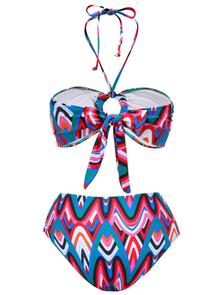 3PCS 1970s Fringe Print Lace-up Halter Bikini Set & Cover Up