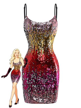 Multicolor 1980s Sequin Bodycon Spaghetti Strap Dress