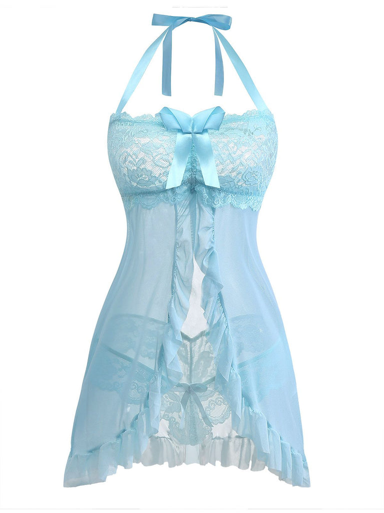 Aqua Blue 1980s Lace Bow Lingerie Set