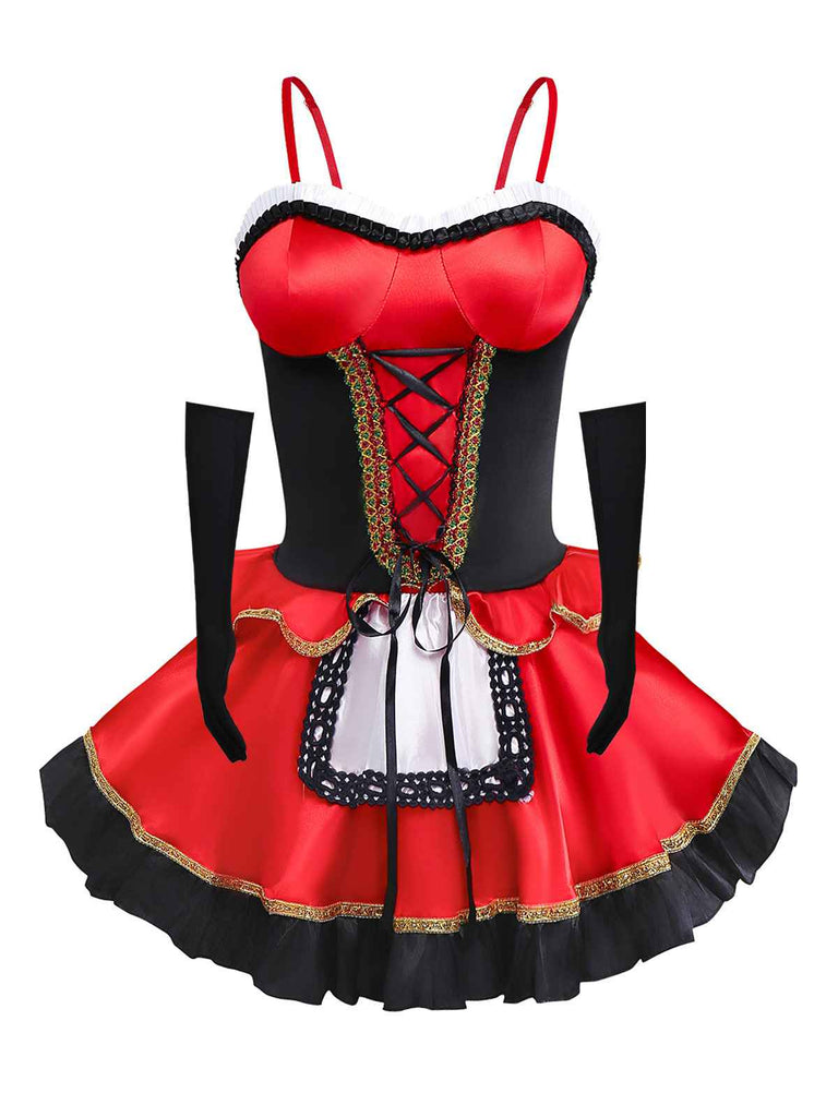 2PCS Red 1970s Riding Hood Costume Cape With Corset Dress