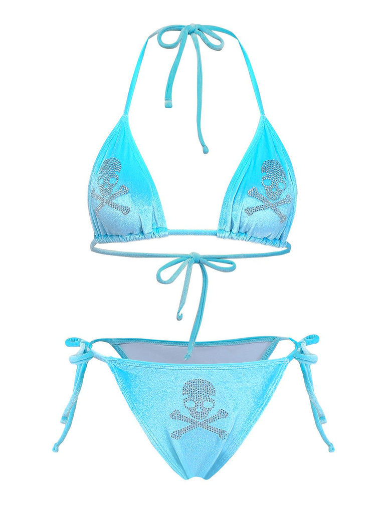 Blue 1980s Velvet Rhinestone Skull Print Bikini Set