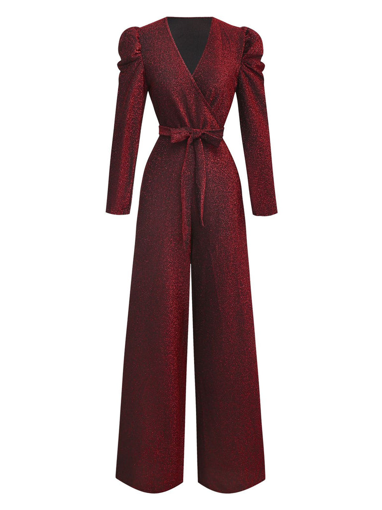 Red 1980s Glitter Deep-V Long Sleeve Jumpsuit
