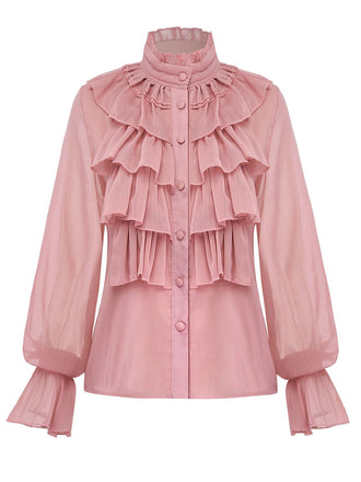 Pink 1980s Chiffon Ruffled High-Neck Blouse
