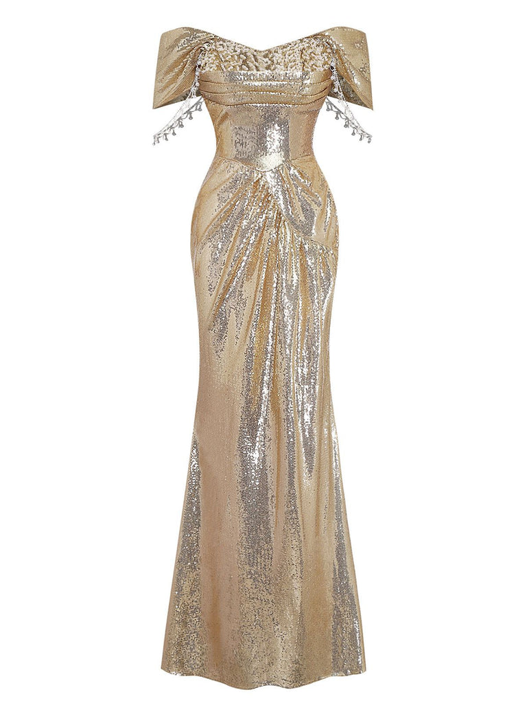 Gold 1980s Off-Shoulder Sequin Party Dress