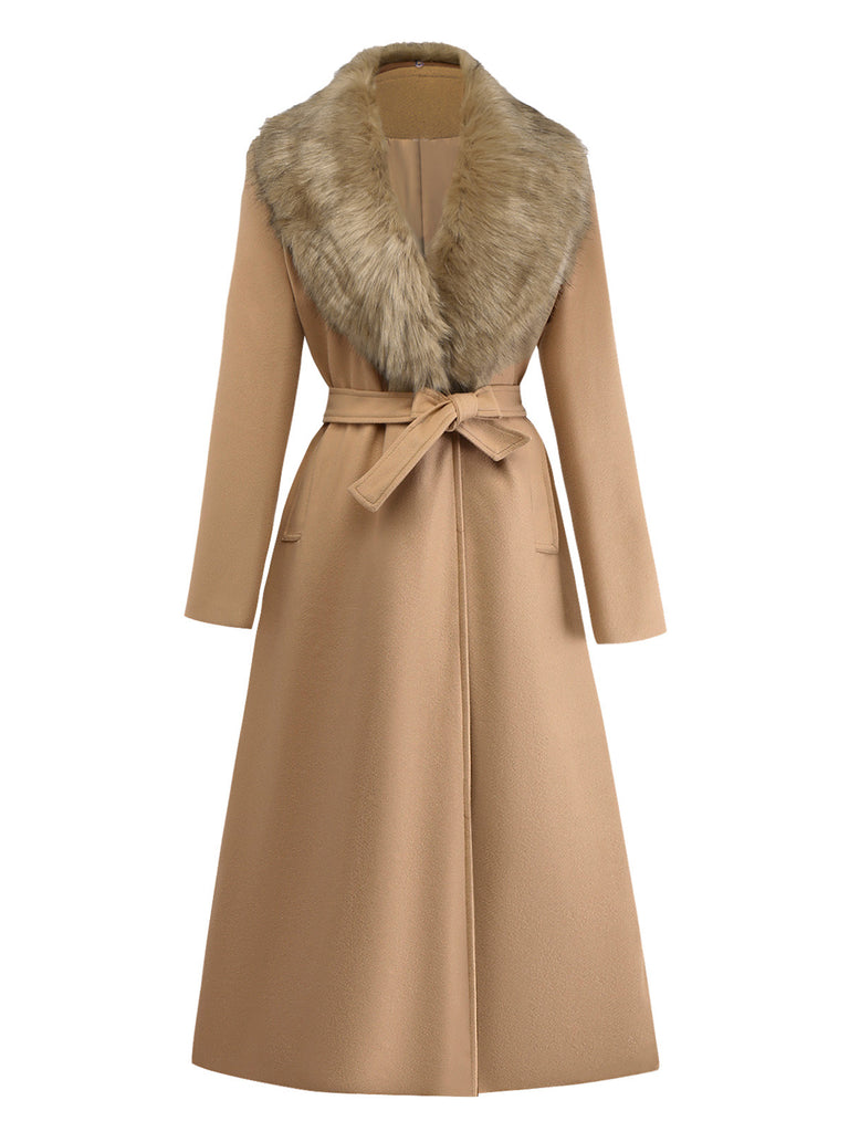 Khaki 1920s Solid Fur Collar Belted Coat