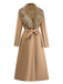 Khaki 1920s Solid Fur Collar Belted Coat