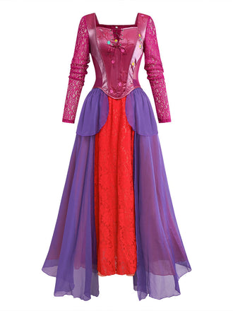 Purple 2PCS 1930s Hocus Pocus Lace Floral Top & Skirt