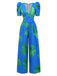Blue 1970s Boho V-Neck Tropical Palm Leaf Jumpsuit