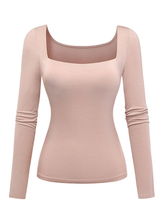 1970s Solid Square Neck Long Sleeve Top