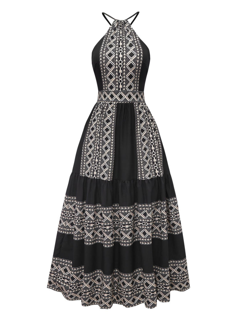 Black 1970s Bohemian Print Halter Tiered Backless Dress