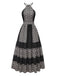 Black 1970s Bohemian Print Halter Tiered Backless Dress