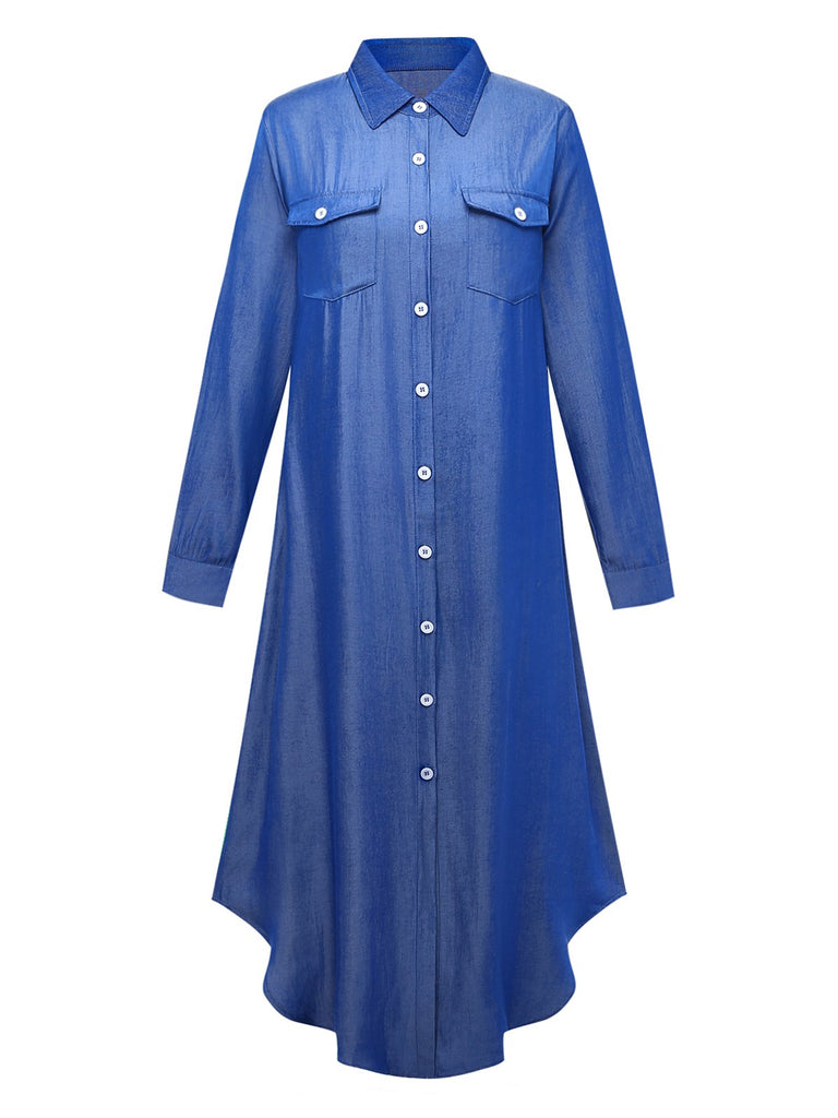 Blue 1970s Long Sleeves Shirt Midi Dress