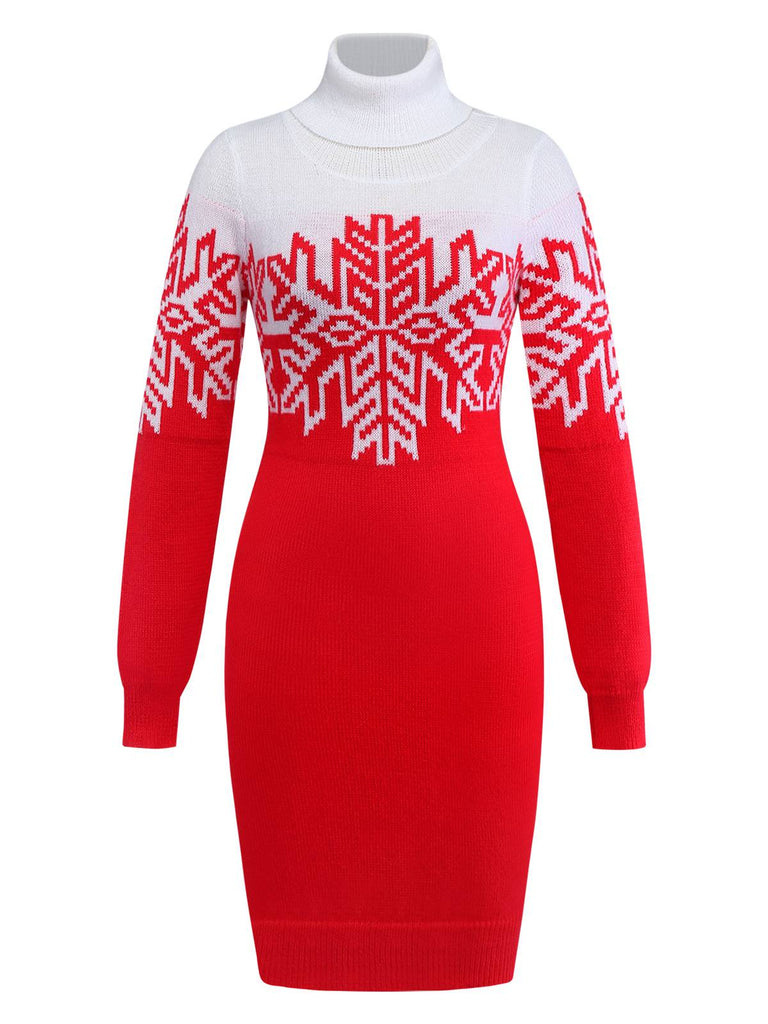 Red & White 1960s Snowflake Turtleneck Sweater Dress