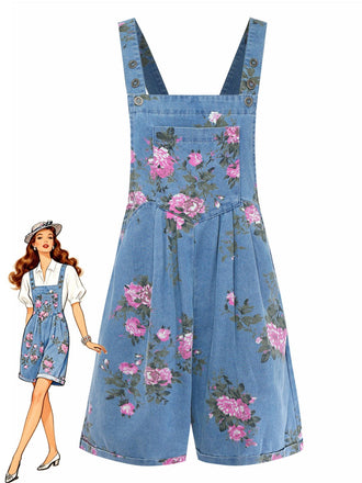 Blue 1960s Denim Floral Wide Strap Romper