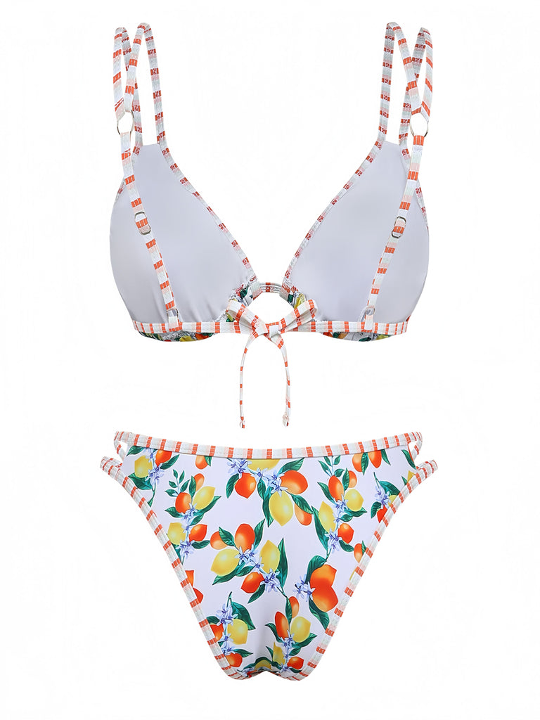White 1960s Citrus Triangle-Strap Bikini Set