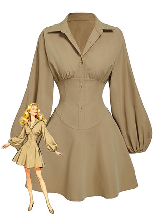 Beige 1960s Puff Sleeves Elastic Cinched Waist Dress