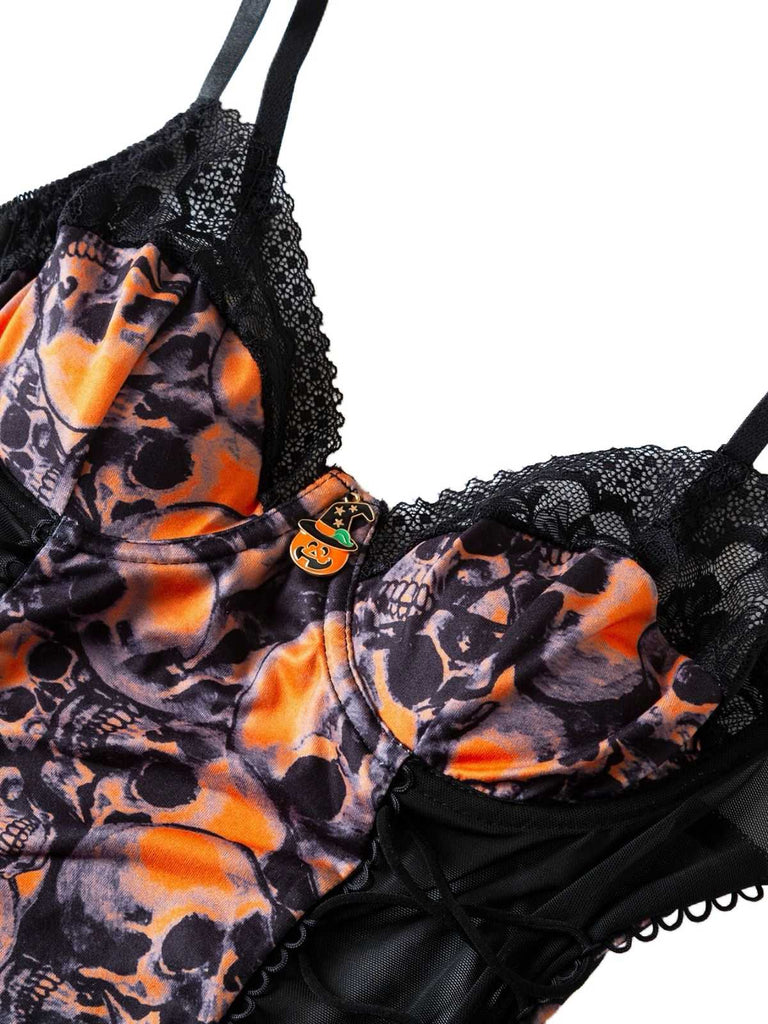 Orange 1970s Skull Lace Spaghetti Strap Bodysuit