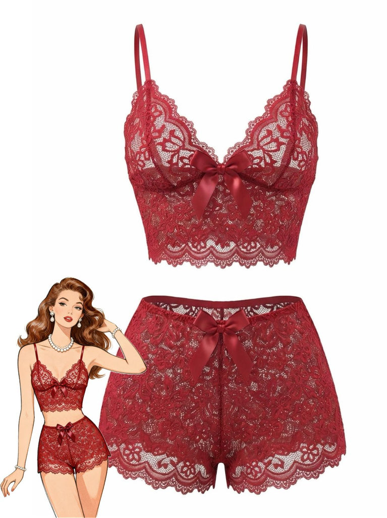 Red 1960s Spaghetti Strap Lace Floral Bow Pajama Set