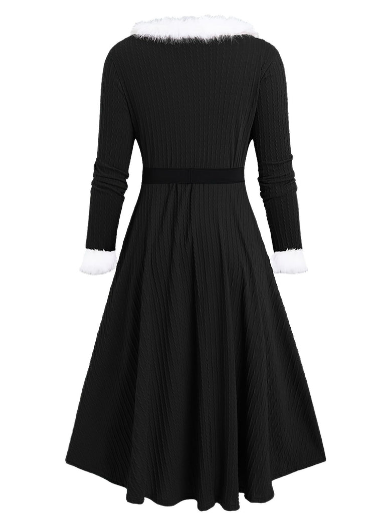 [Plus-Size] White 1940s Fur Collar V-Neck Belted Dress