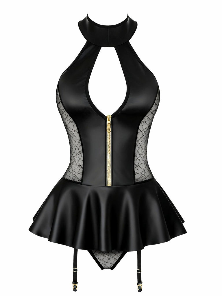 Black 1960s Patent Leather Zipper Sheer Sexy Mini Dress