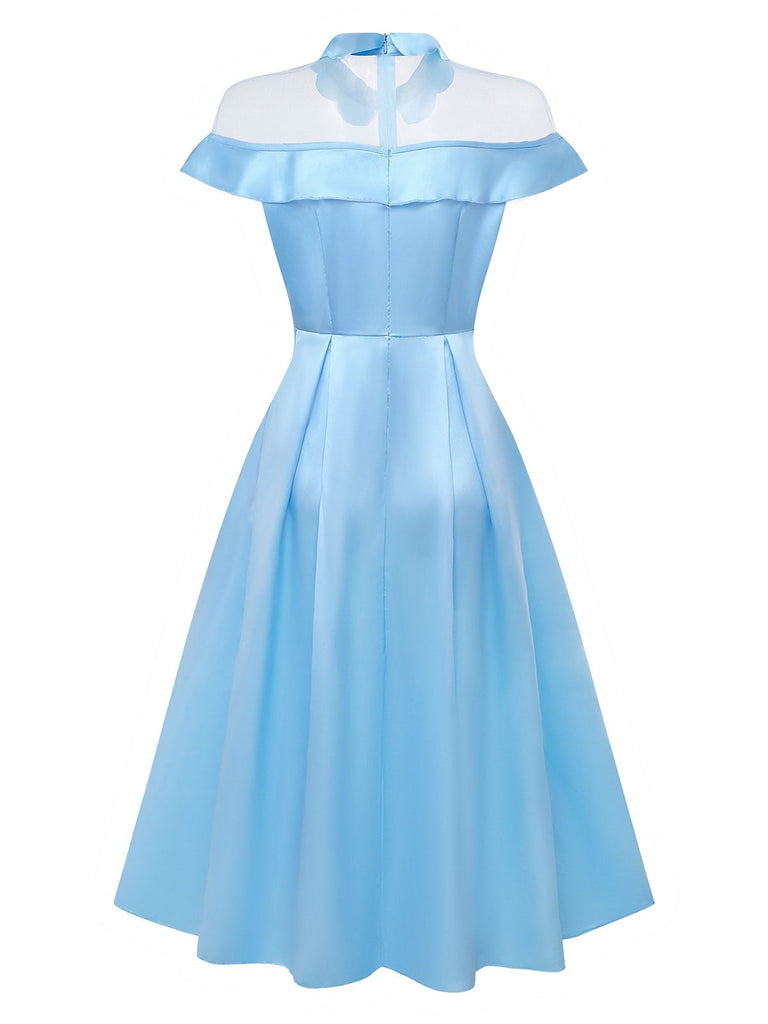 Blue 1940s Satin Mesh Panel Peter Pan Collar Dress