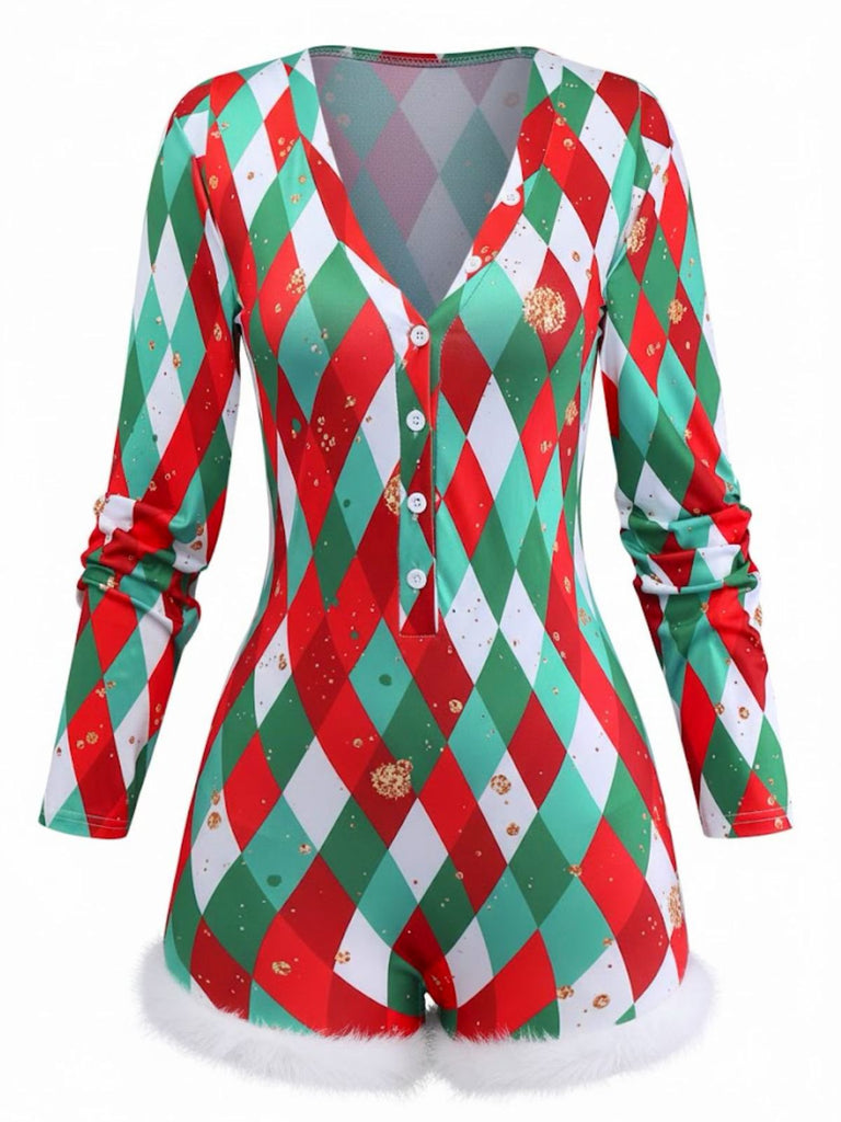 1970s Diamond Grid Christmas Raw Hem Romper