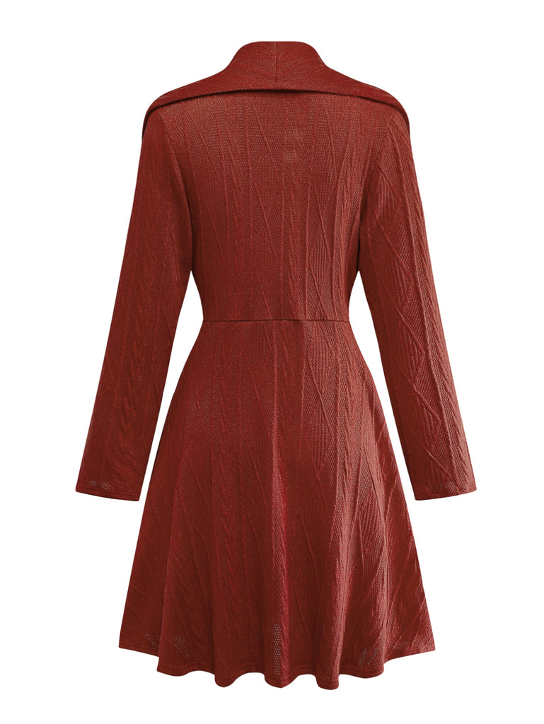 1940s Solid Knitted Big V-Neck Button Dress