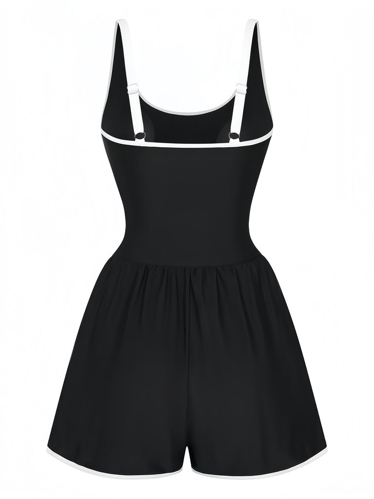 Black 1940s Floral Tankini One-Piece Swimsuit