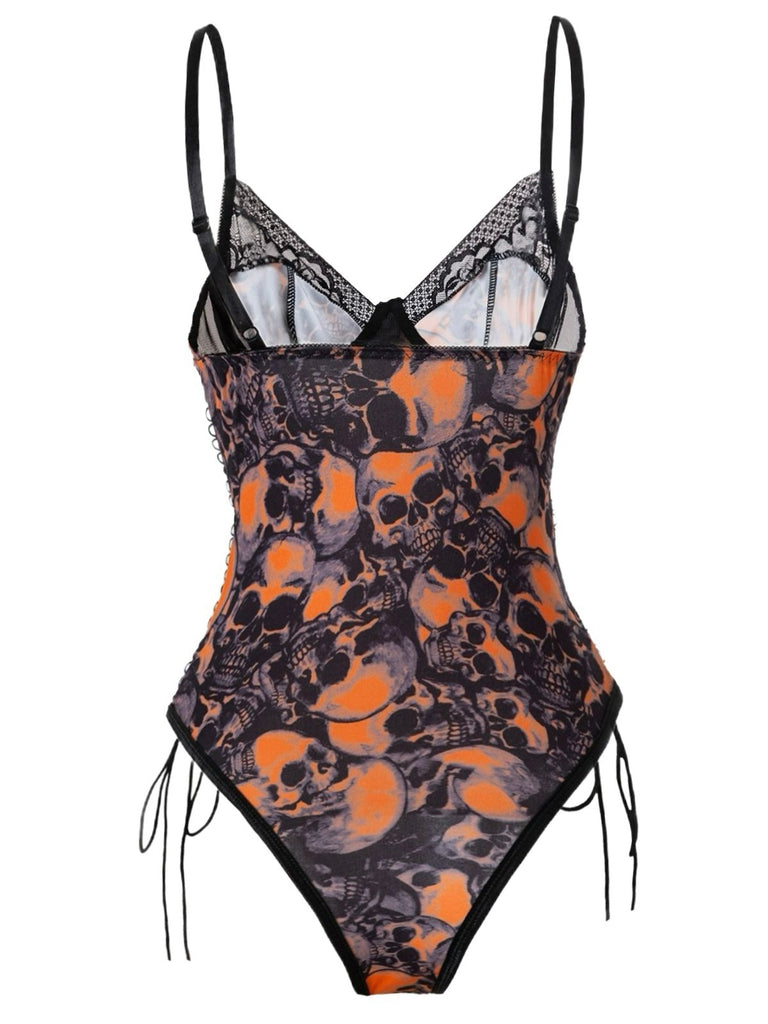 Orange 1970s Skull Lace Spaghetti Strap Bodysuit