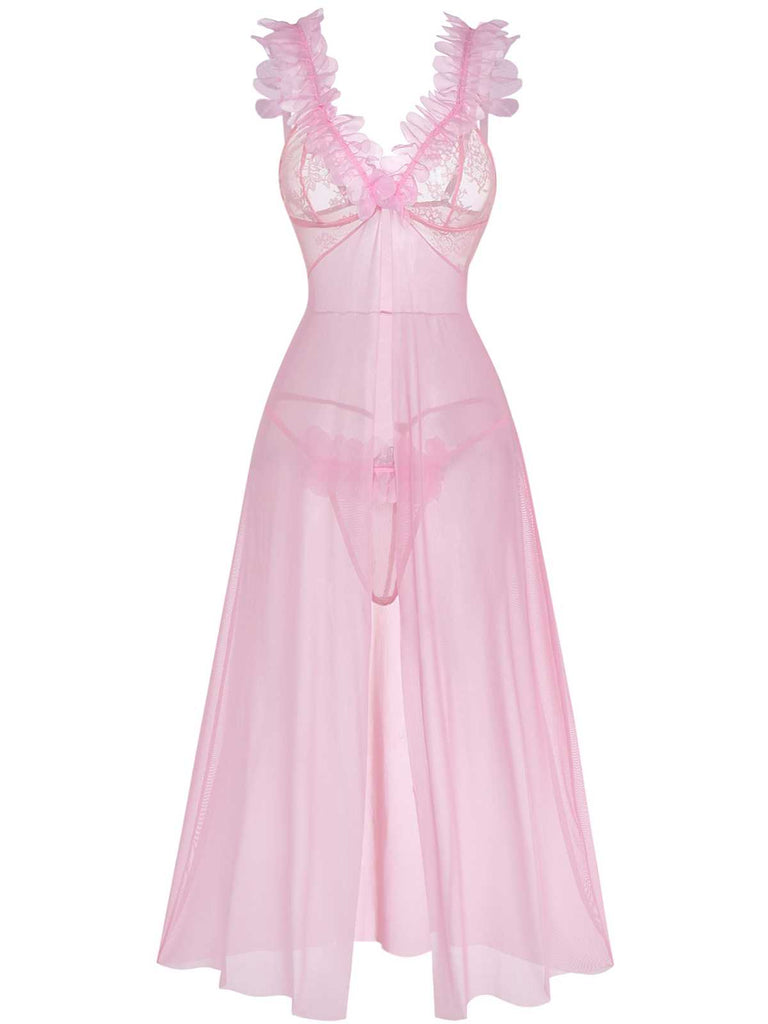 Pink 1930s 3D Floral Sheer Mesh Lace Lingerie Set