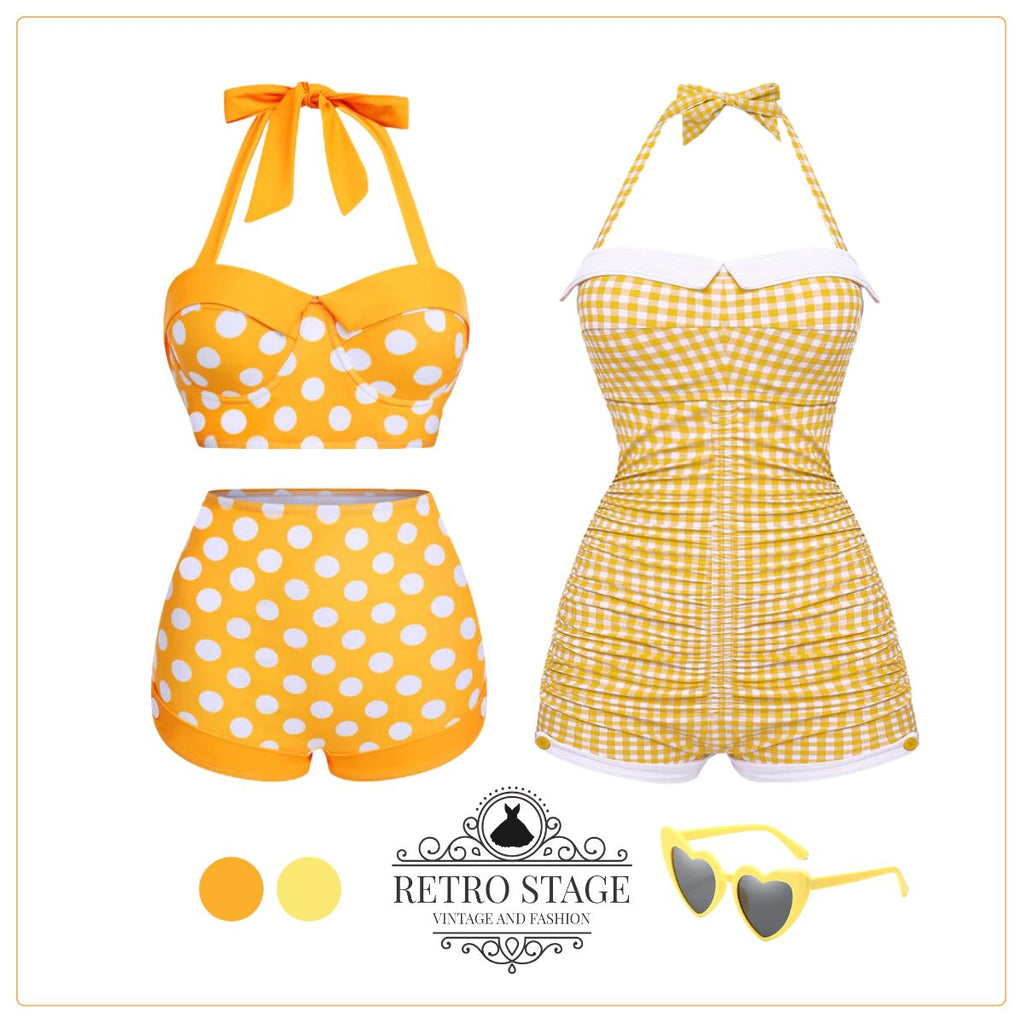 Yellow 1950s Polka Dots Halter Bikini Set