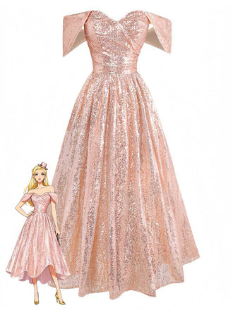 Champagne 1930s Off-Shoulder Sequin Dress