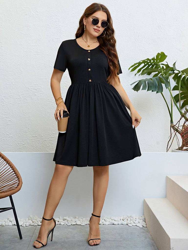 [Plus Size] Black 1950s Fabric Button Solid Dress