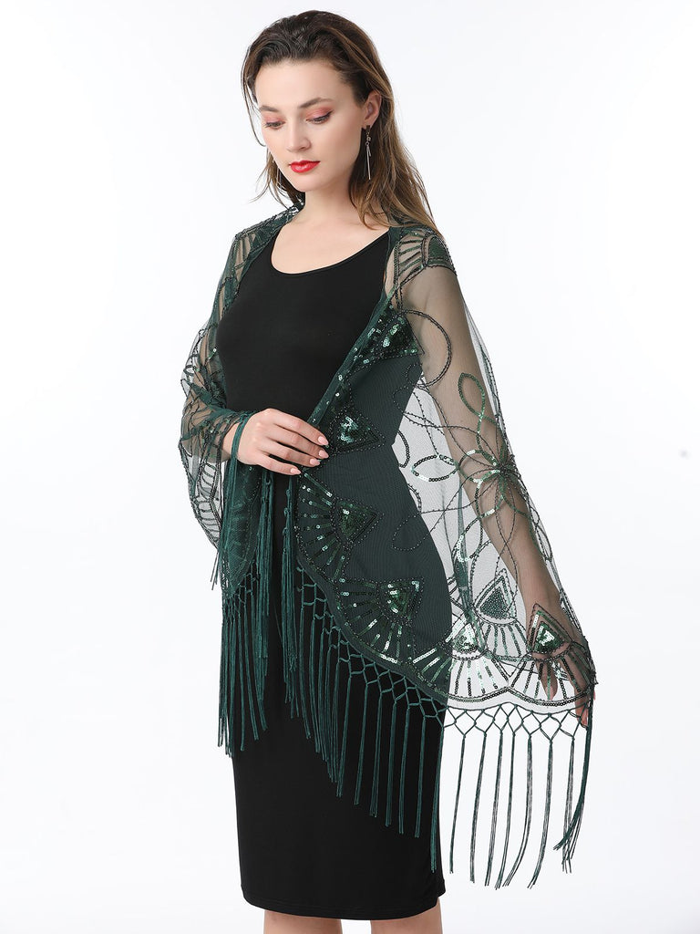 1920s Tassel Sequined Mesh Cape