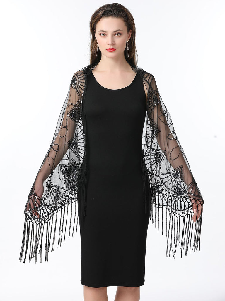 1920s Tassel Sequined Mesh Cape