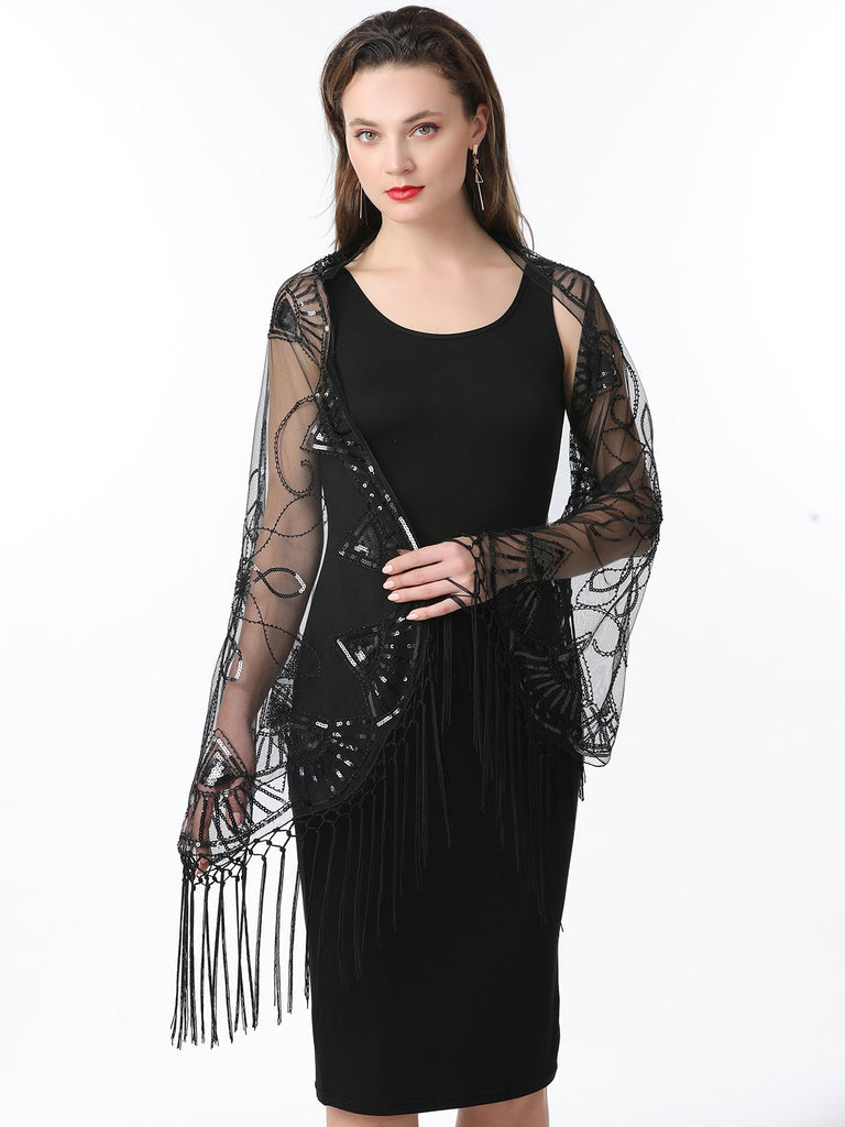 1920s Tassel Sequined Mesh Cape