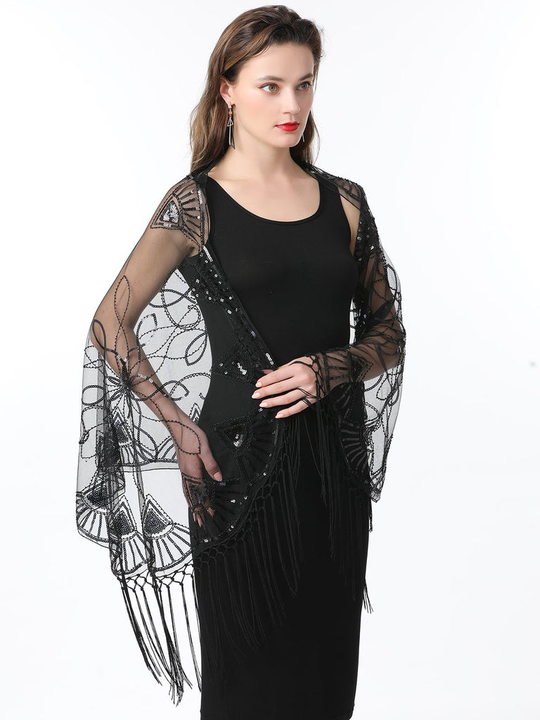 1920s Tassel Sequined Mesh Cape