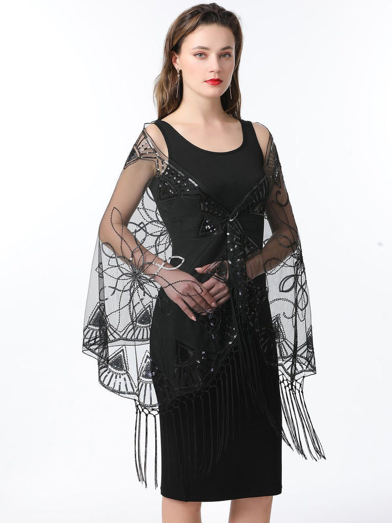 1920s Tassel Sequined Mesh Cape