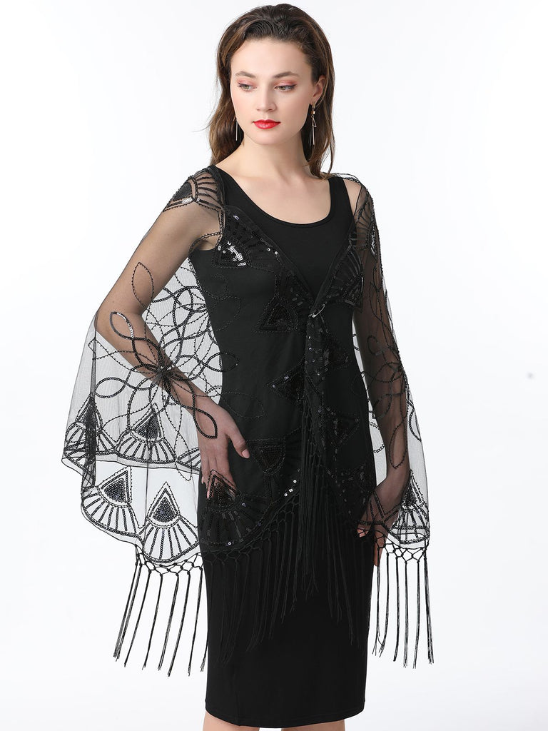 1920s Tassel Sequined Mesh Cape