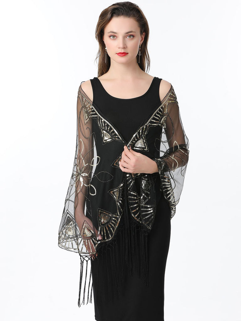 1920s Tassel Sequined Mesh Cape