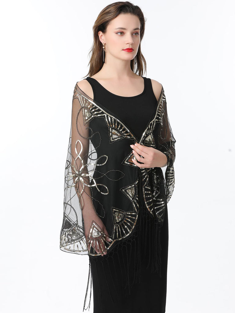 1920s Tassel Sequined Mesh Cape
