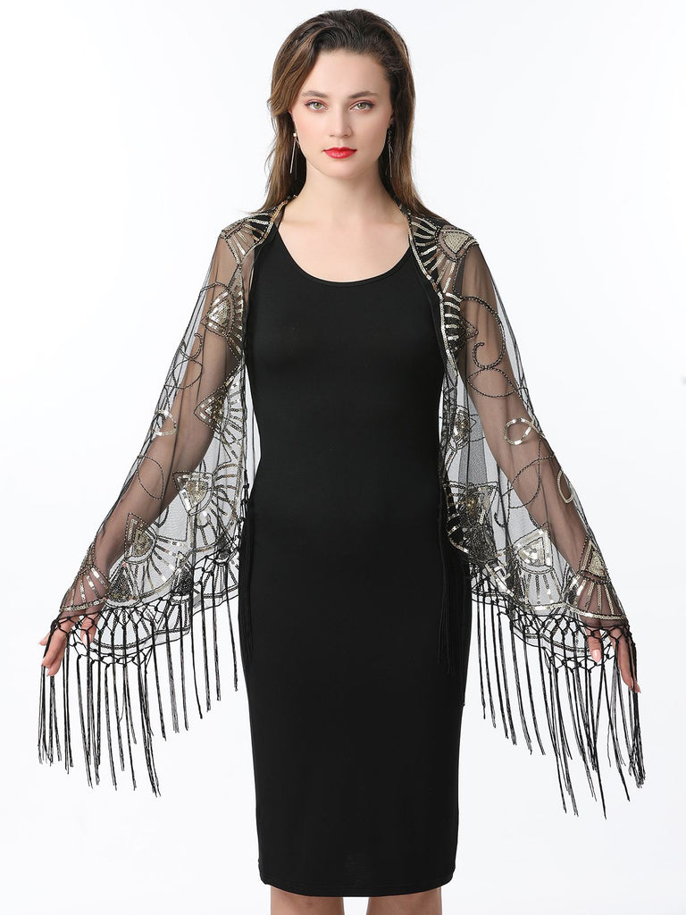1920s Tassel Sequined Mesh Cape