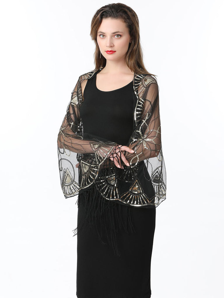 1920s Tassel Sequined Mesh Cape