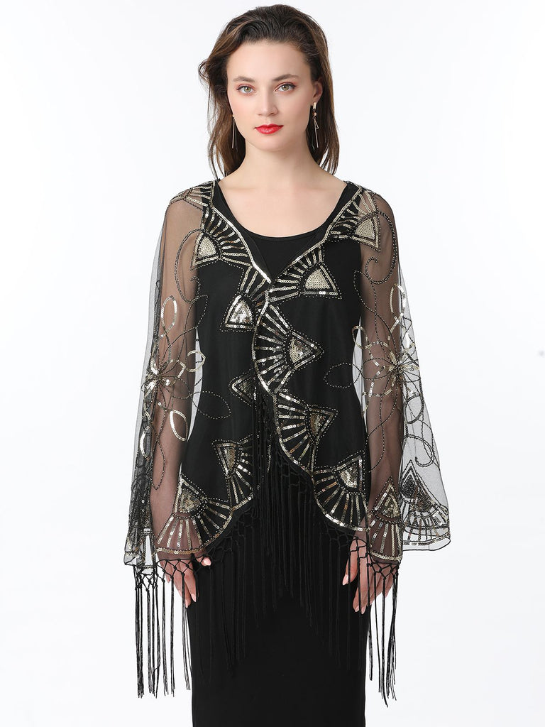 1920s Tassel Sequined Mesh Cape