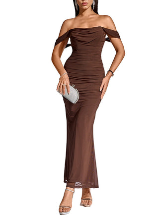 1930s Solid Off-Shoulder Bodycon Maxi Dress