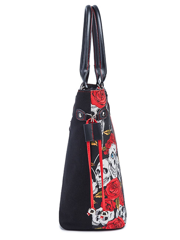 Vintage Punk Skull & Rose Print Handbag