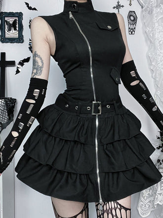 Black 1980s Steampunk Solid Zipper Belted Dress